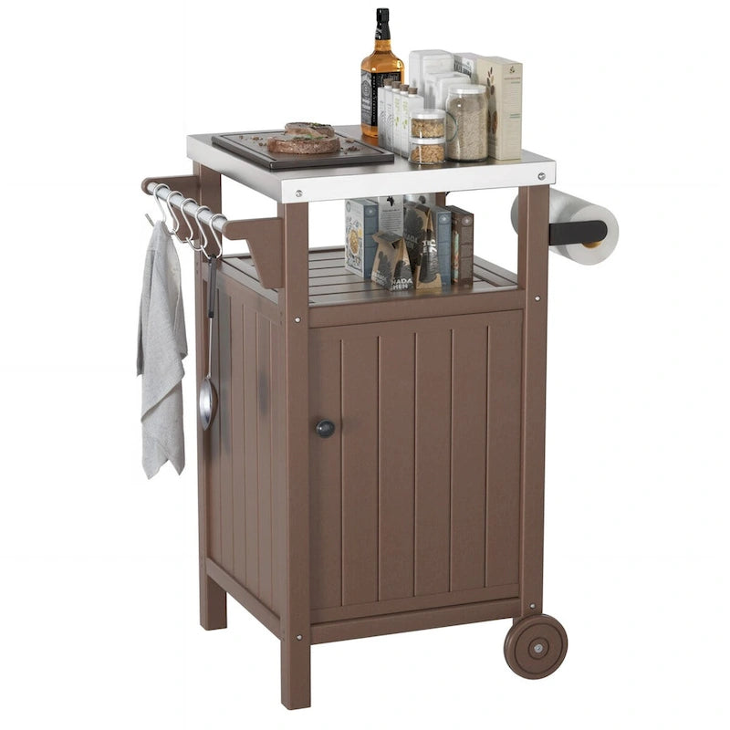 Chariot de service pour barbecue/grill, table de préparation et de repas extérieure avec plateau en acier inoxydable 304 et revêtement en PEHD.