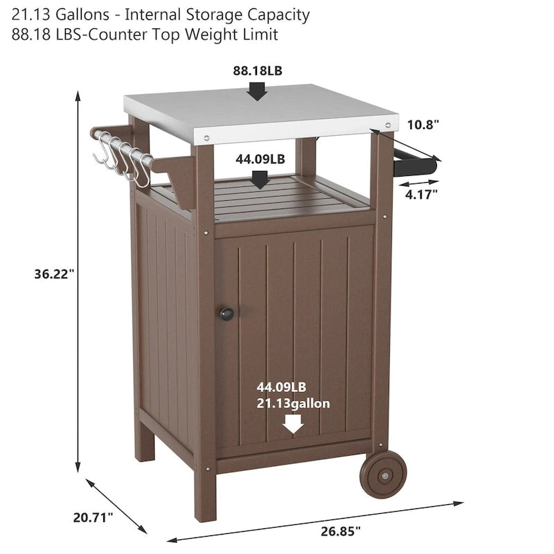 Chariot de service pour barbecue/grill, table de préparation et de repas extérieure avec plateau en acier inoxydable 304 et revêtement en PEHD.
