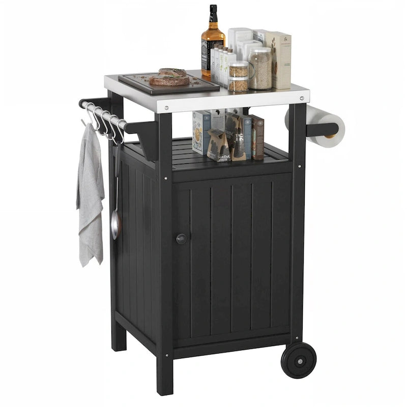 Chariot de service pour barbecue/grill, table de préparation et de repas extérieure avec plateau en acier inoxydable 304 et revêtement en PEHD.