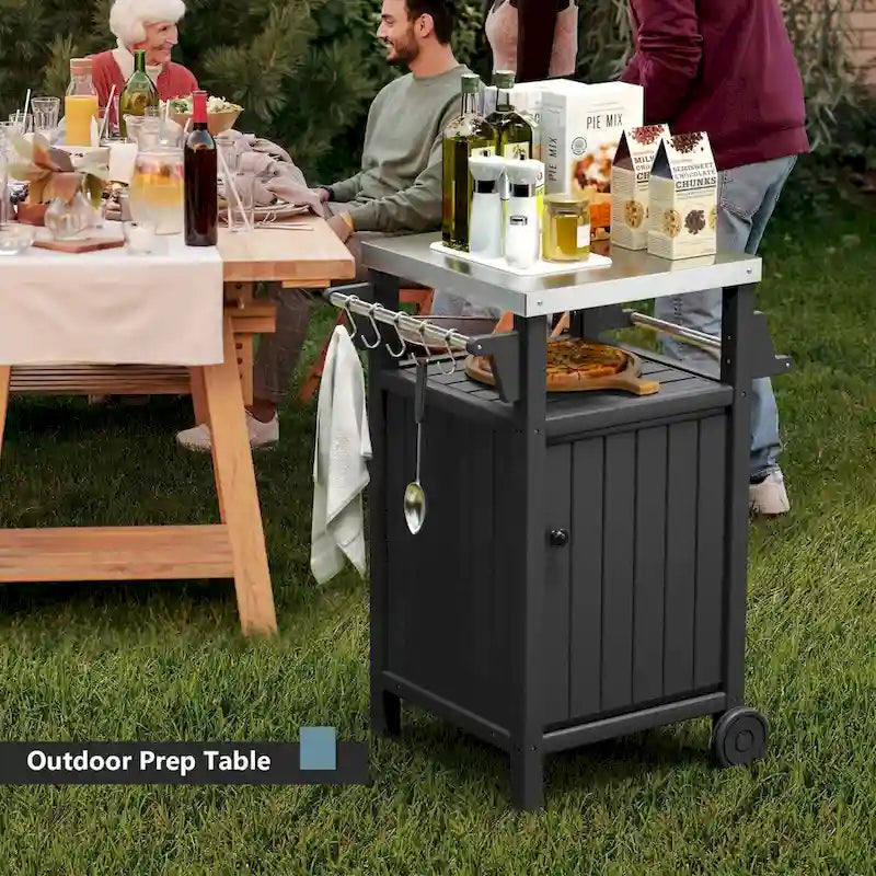 Chariot de service pour barbecue/grill, table de préparation et de repas extérieure avec plateau en acier inoxydable 304 et revêtement en PEHD.