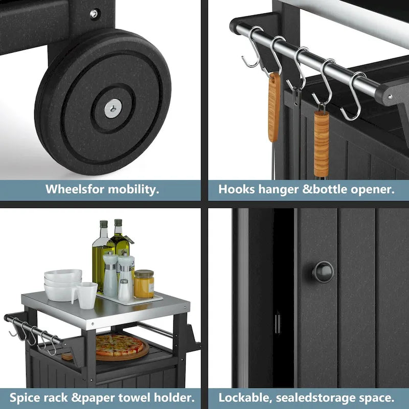 Chariot de service pour barbecue/grill, table de préparation et de repas extérieure avec plateau en acier inoxydable 304 et revêtement en PEHD.