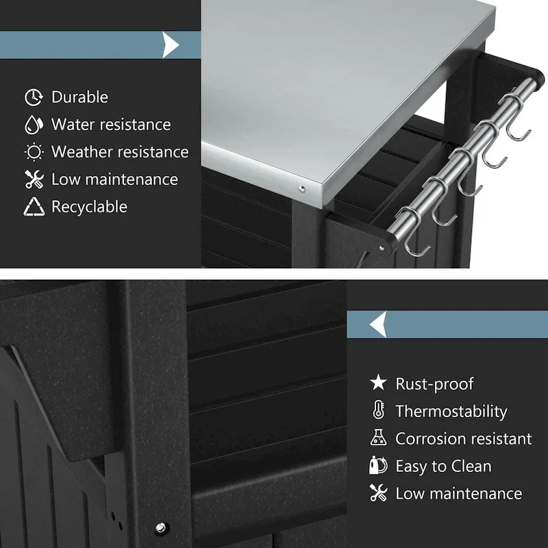 Chariot de service pour barbecue/grill, table de préparation et de repas extérieure avec plateau en acier inoxydable 304 et revêtement en PEHD.
