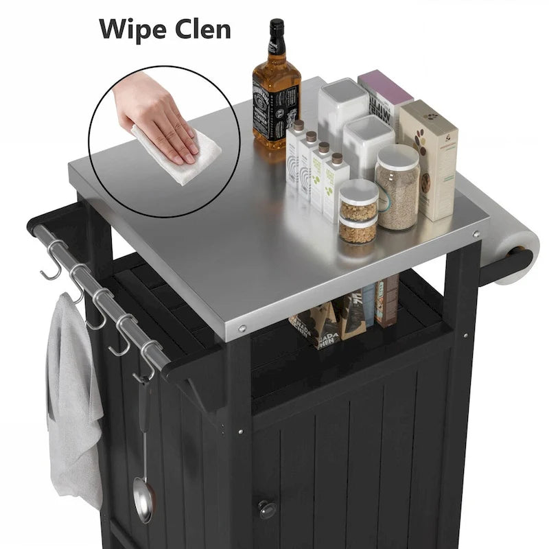 Chariot de service pour barbecue/grill, table de préparation et de repas extérieure avec plateau en acier inoxydable 304 et revêtement en PEHD.