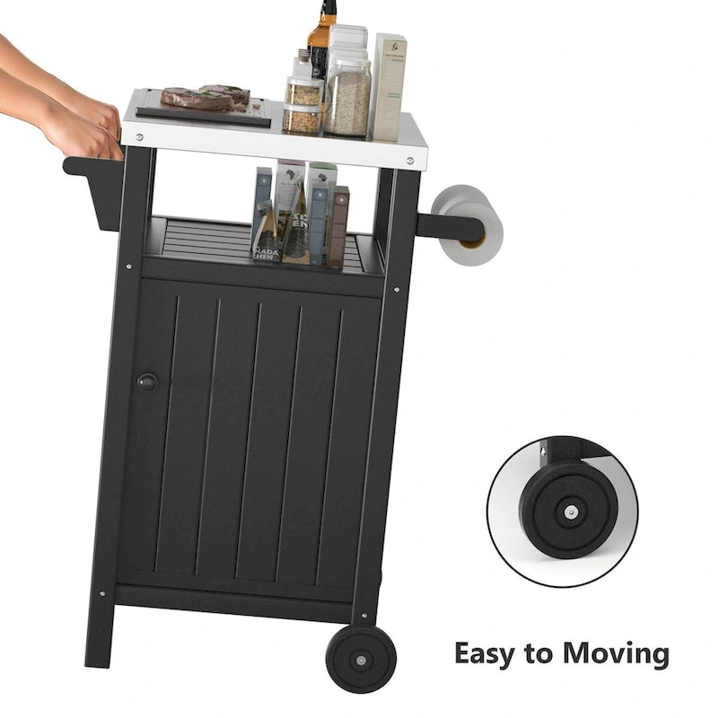 Chariot de service pour barbecue/grill, table de préparation et de repas extérieure avec plateau en acier inoxydable 304 et revêtement en PEHD.