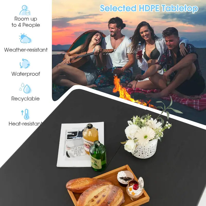 Table de camping pliante avec plateau en PEHD résistant aux intempéries et cadre en acier antirouille