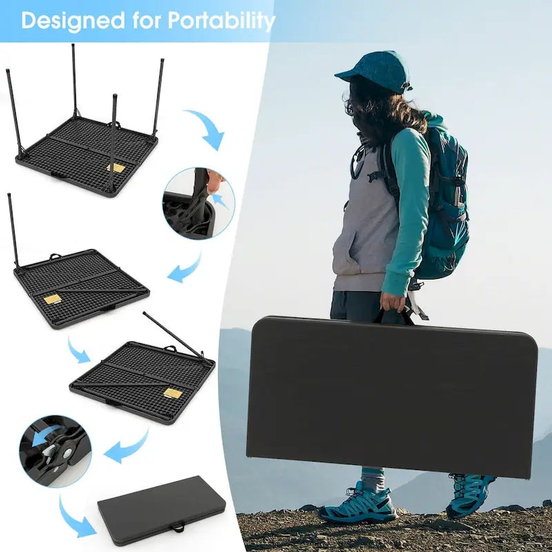 Table de camping pliante avec plateau en PEHD résistant aux intempéries et cadre en acier antirouille