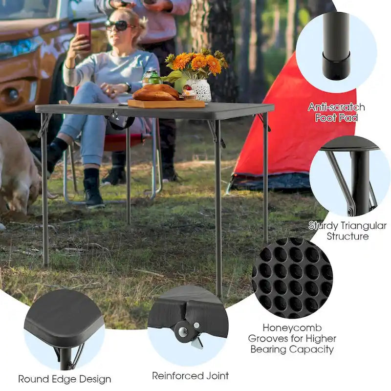 Table de camping pliante avec plateau en PEHD résistant aux intempéries et cadre en acier antirouille