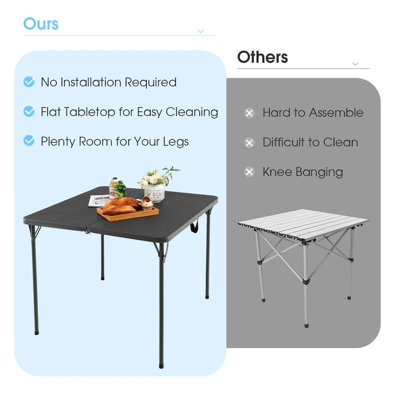 Table de camping pliante avec plateau en PEHD résistant aux intempéries et cadre en acier antirouille