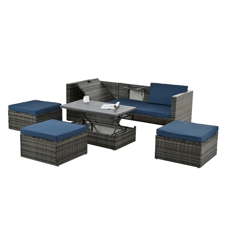 Ensemble de canapé d'angle d'extérieur 5 pièces en résine tressée PE avec table basse relevable