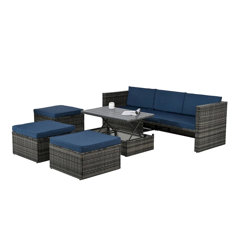 Ensemble de canapé d'angle d'extérieur 5 pièces en résine tressée PE avec table basse relevable