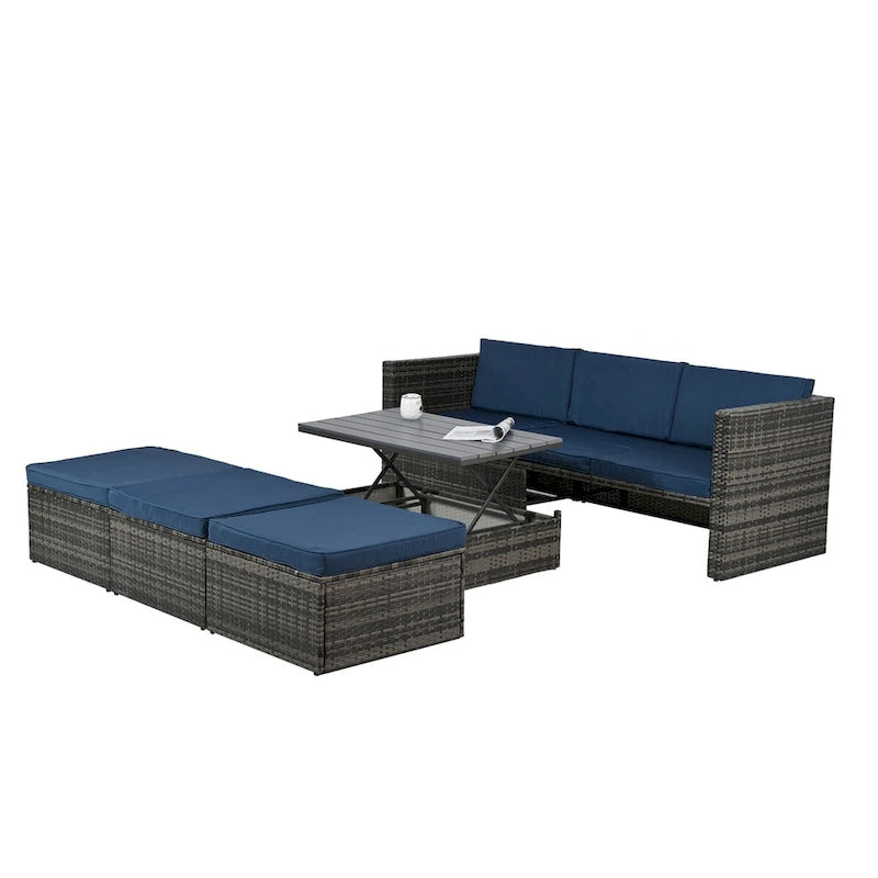 Ensemble de canapé d'angle d'extérieur 5 pièces en résine tressée PE avec table basse relevable