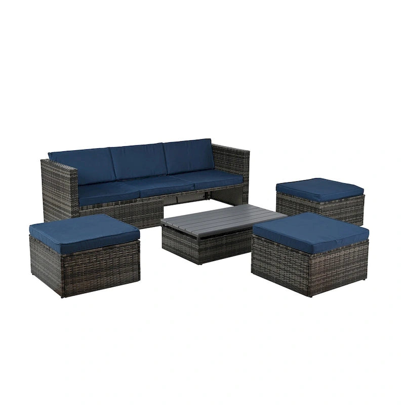 Ensemble de canapé d'angle d'extérieur 5 pièces en résine tressée PE avec table basse relevable