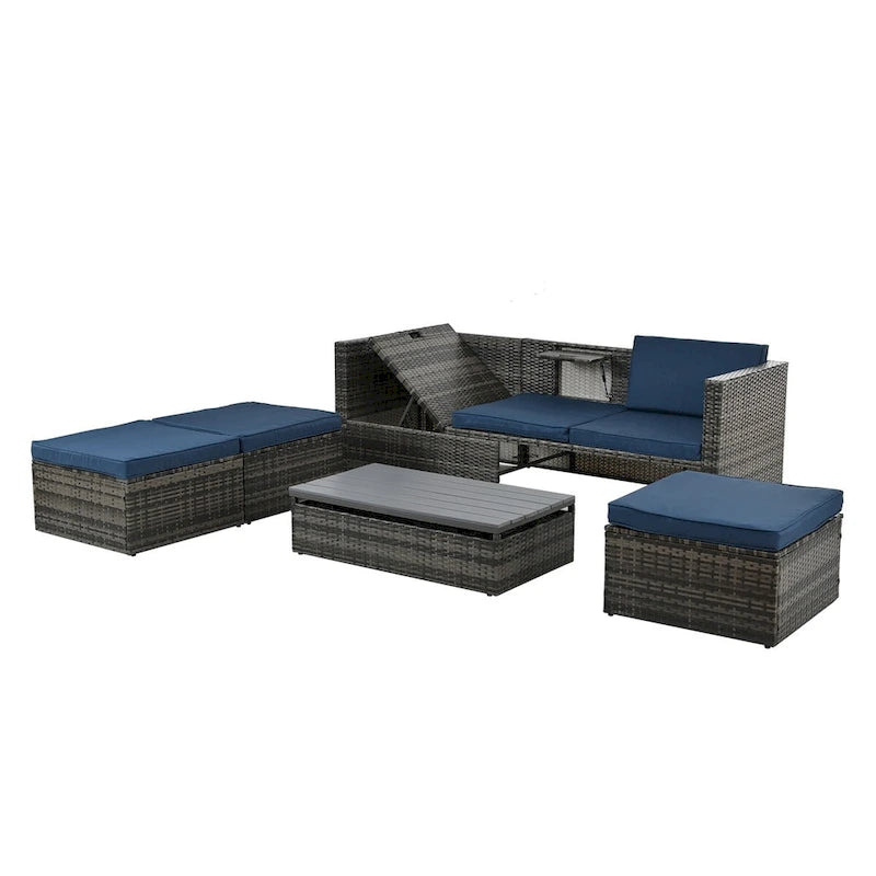 Ensemble de canapé d'angle d'extérieur 5 pièces en résine tressée PE avec table basse relevable