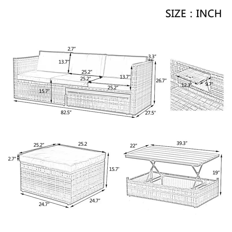 Ensemble de canapé d'angle d'extérieur 5 pièces en résine tressée PE avec table basse relevable