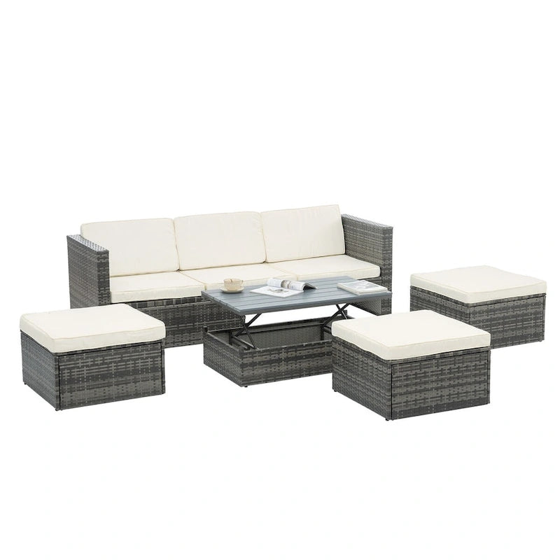 Ensemble de canapé d'angle d'extérieur 5 pièces en résine tressée PE avec table basse relevable
