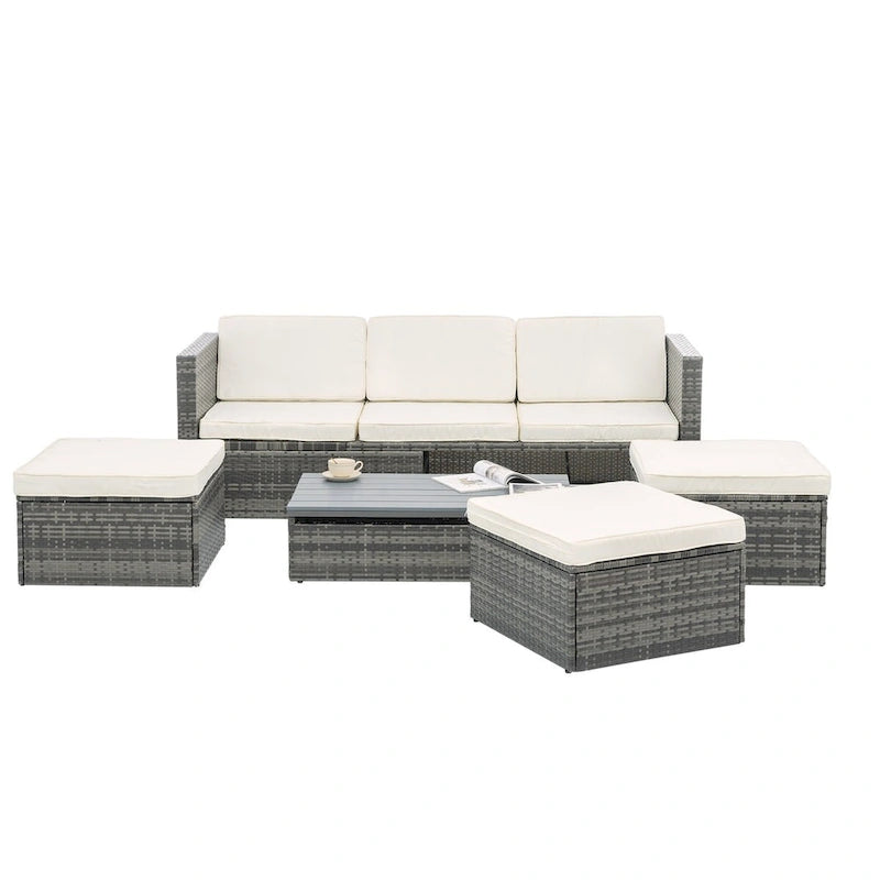 Ensemble de canapé d'angle d'extérieur 5 pièces en résine tressée PE avec table basse relevable