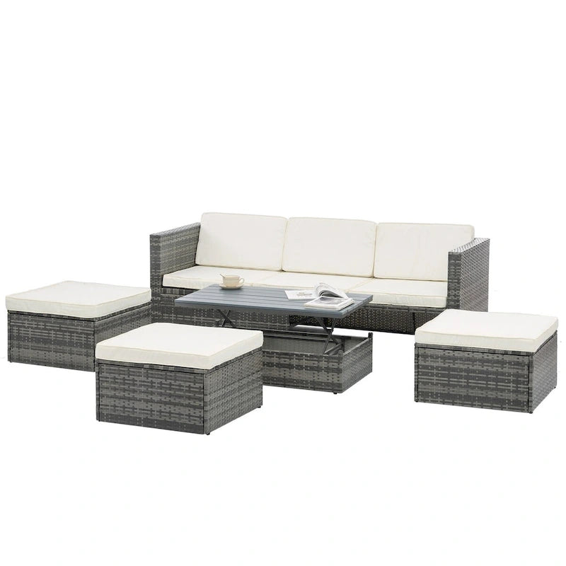 Ensemble de canapé d'angle d'extérieur 5 pièces en résine tressée PE avec table basse relevable