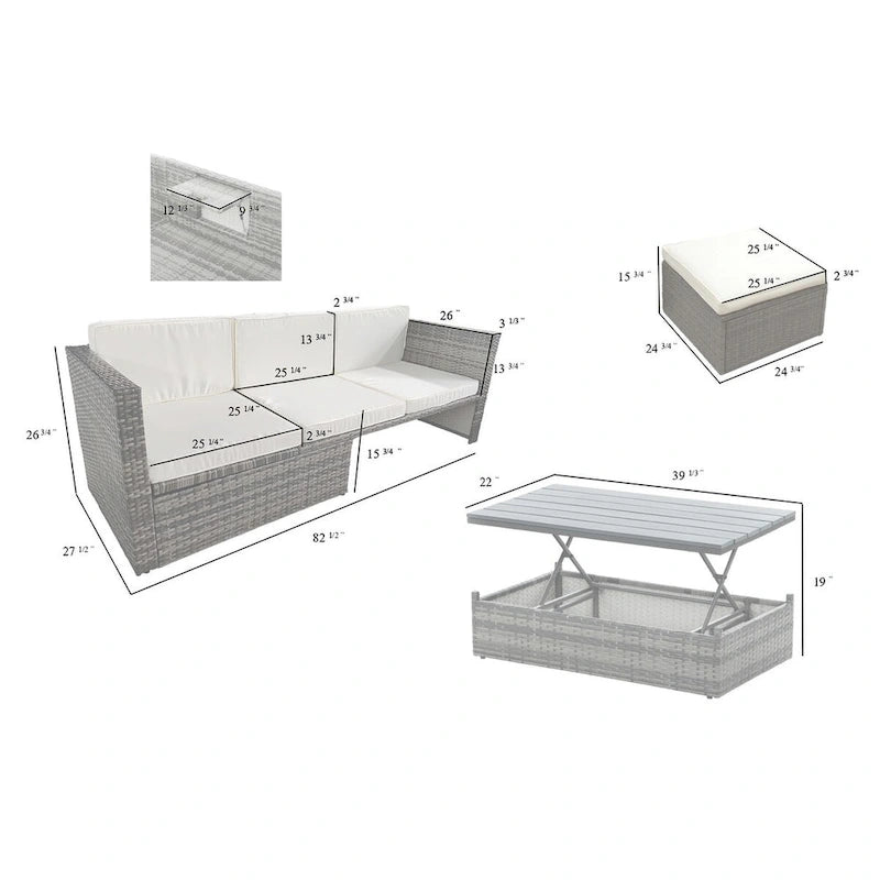 Ensemble de canapé d'angle d'extérieur 5 pièces en résine tressée PE avec table basse relevable