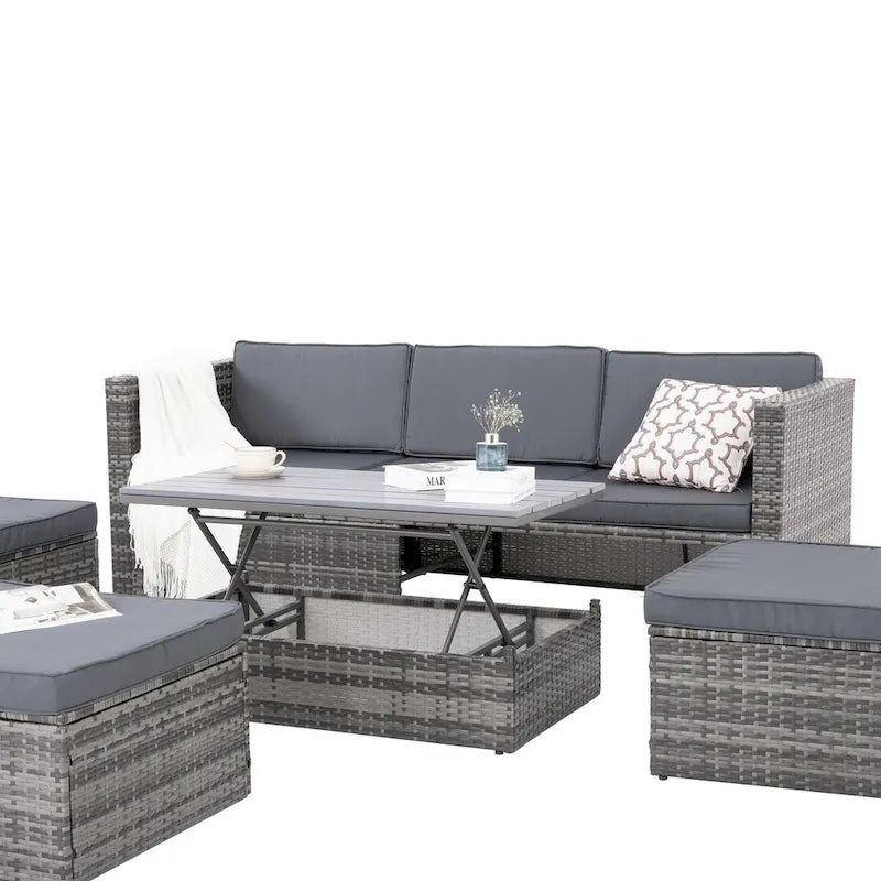 Ensemble de canapé d'angle d'extérieur 5 pièces en résine tressée PE avec table basse relevable