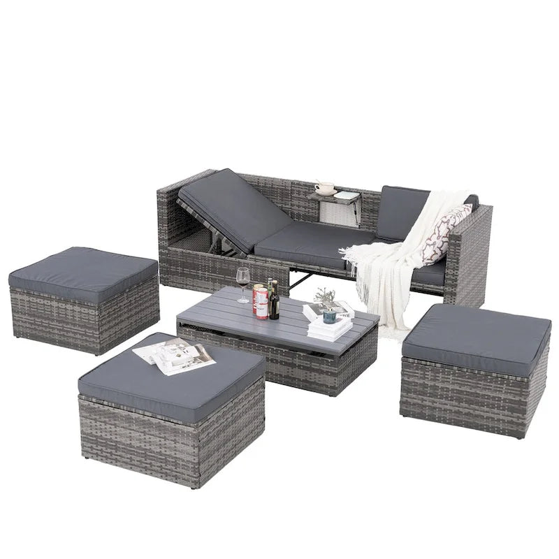 Ensemble de canapé d'angle d'extérieur 5 pièces en résine tressée PE avec table basse relevable