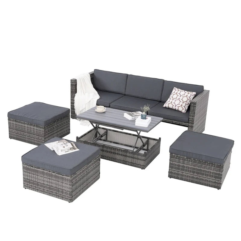 Ensemble de canapé d'angle d'extérieur 5 pièces en résine tressée PE avec table basse relevable