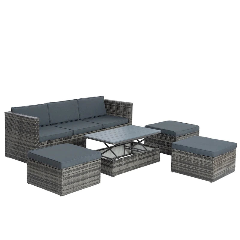 Ensemble de canapé d'angle d'extérieur 5 pièces en résine tressée PE avec table basse relevable