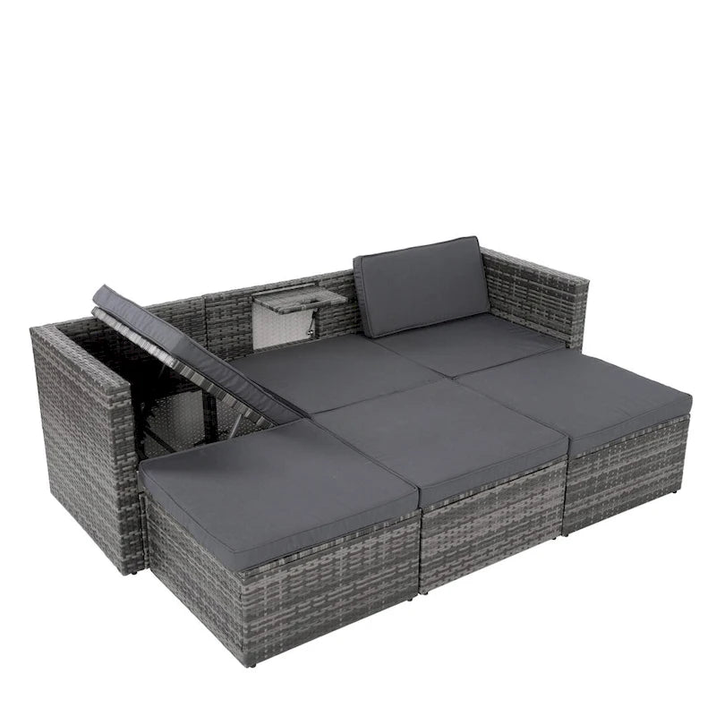 Ensemble de canapé d'angle d'extérieur 5 pièces en résine tressée PE avec table basse relevable