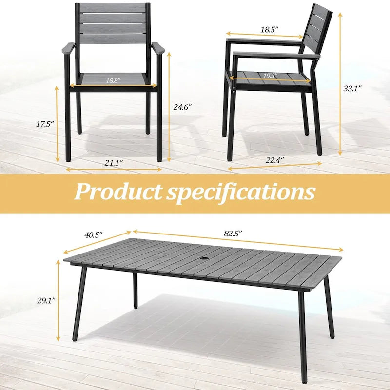 Table de salle à manger rectangulaire d'extérieur en aluminium 7 pièces avec chaises empilables