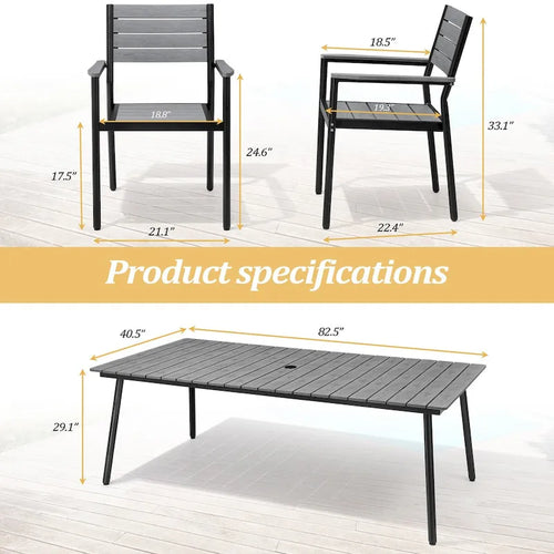 Table de salle à manger rectangulaire d'extérieur en aluminium 7 pièces avec chaises empilables