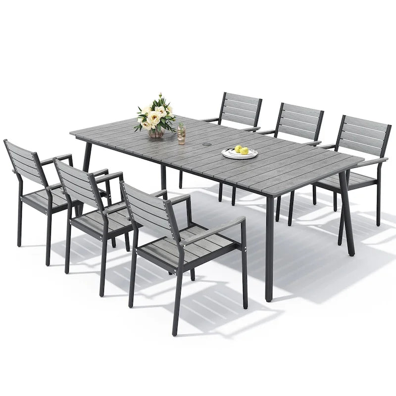 Table de salle à manger rectangulaire d'extérieur en aluminium 7 pièces avec chaises empilables