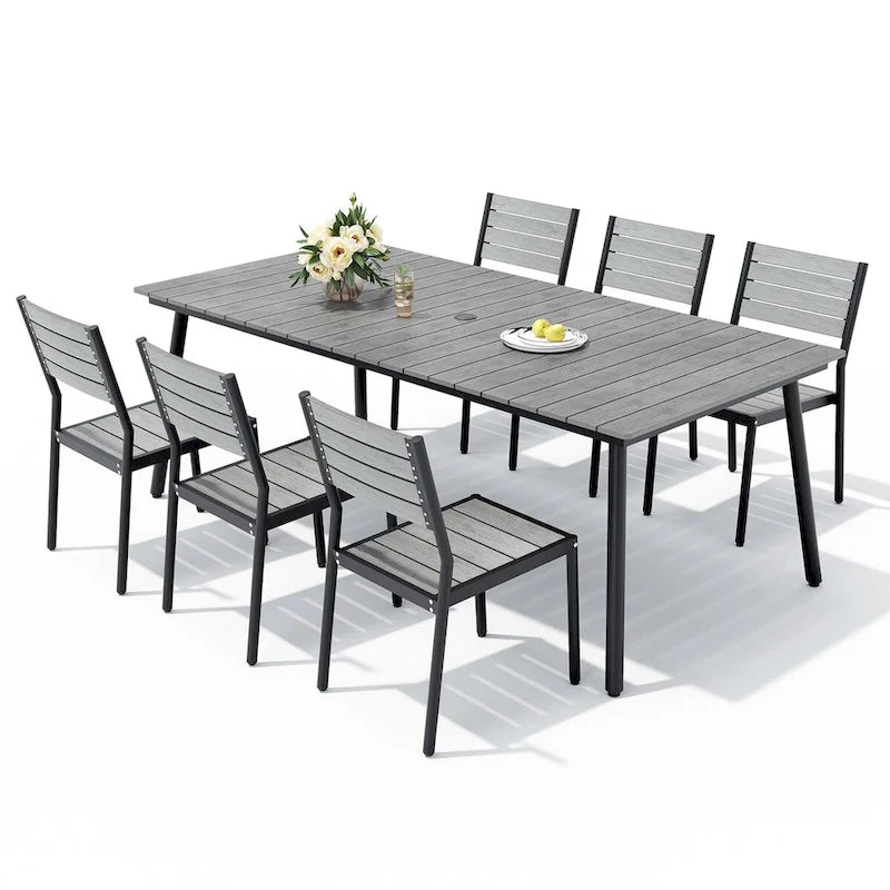 Table de salle à manger rectangulaire d'extérieur en aluminium 7 pièces avec chaises empilables