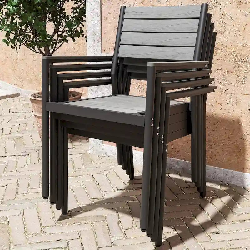 Table de salle à manger rectangulaire d'extérieur en aluminium 7 pièces avec chaises empilables