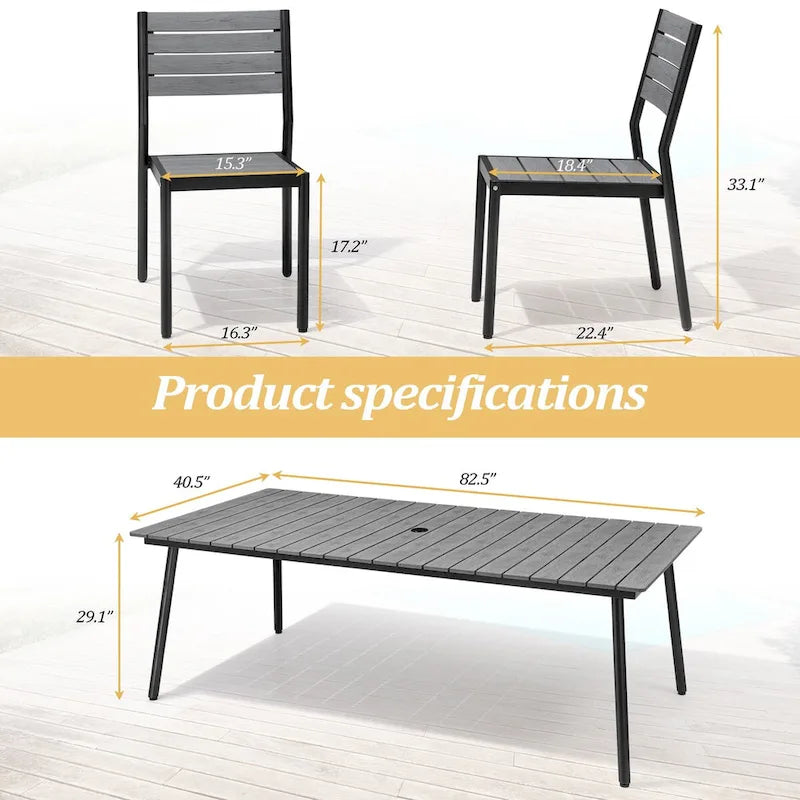 Table de salle à manger rectangulaire d'extérieur en aluminium 7 pièces avec chaises empilables