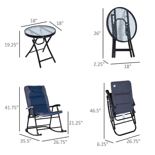 Ensemble de 3 chaises berçantes pliantes pour patio avec table basse en verre