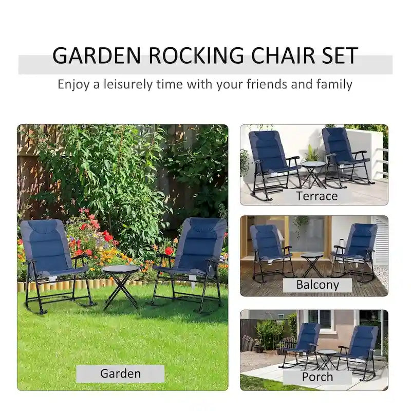 Ensemble de 3 chaises berçantes pliantes pour patio avec table basse en verre