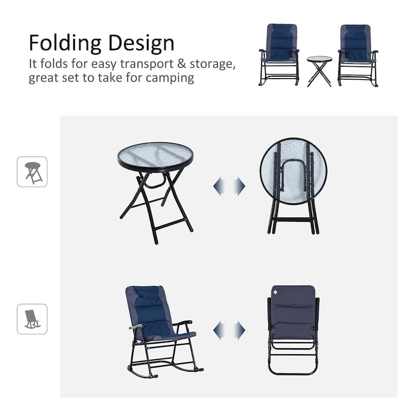 Ensemble de 3 chaises berçantes pliantes pour patio avec table basse en verre