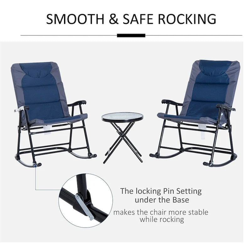 Ensemble de 3 chaises berçantes pliantes pour patio avec table basse en verre