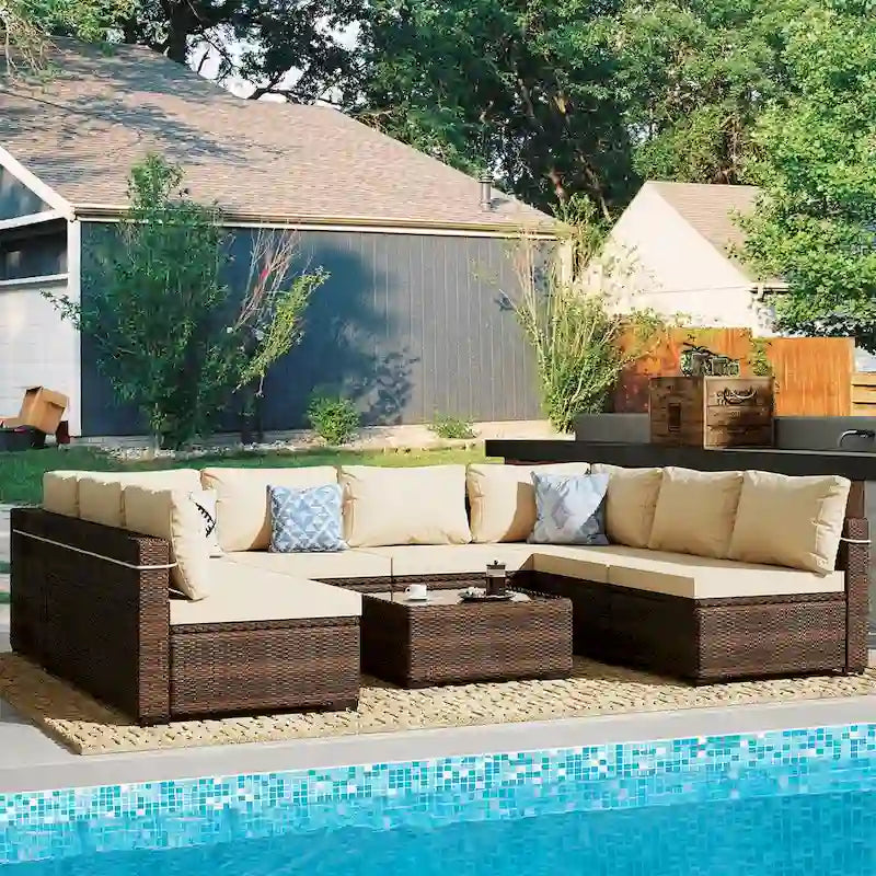 Patio Watcher Outdoor 8 Seater Rattan Sectional Set with Cusions and Coffe Table