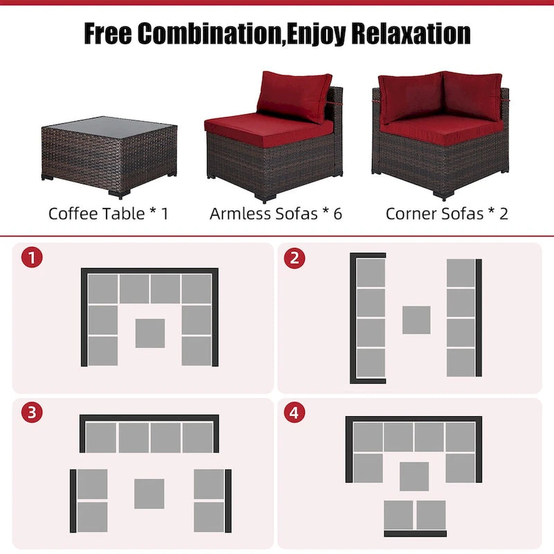 Ensemble de salon de jardin Patio Watcher 8 places en rotin avec coussins et table basse