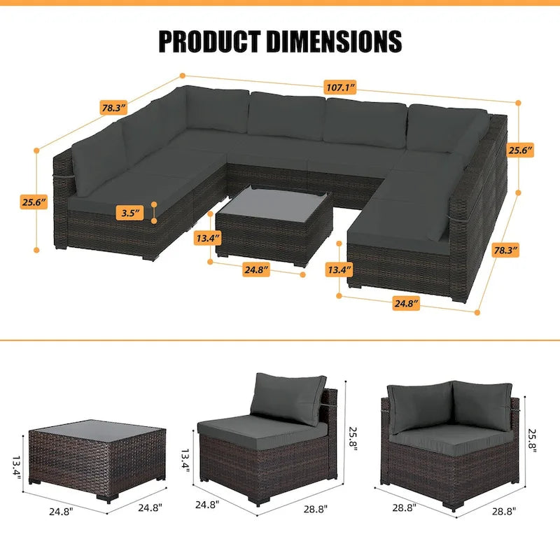 Ensemble de salon de jardin Patio Watcher 8 places en rotin avec coussins et table basse