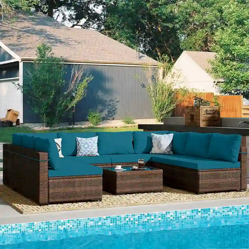 Ensemble de salon de jardin Patio Watcher 8 places en rotin avec coussins et table basse