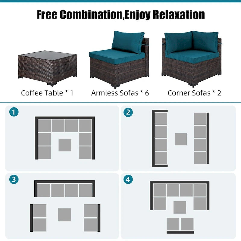 Ensemble de salon de jardin Patio Watcher 8 places en rotin avec coussins et table basse