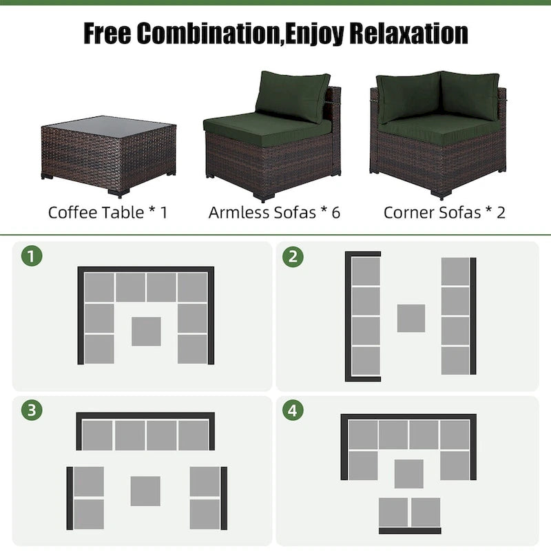 Ensemble de salon de jardin Patio Watcher 8 places en rotin avec coussins et table basse