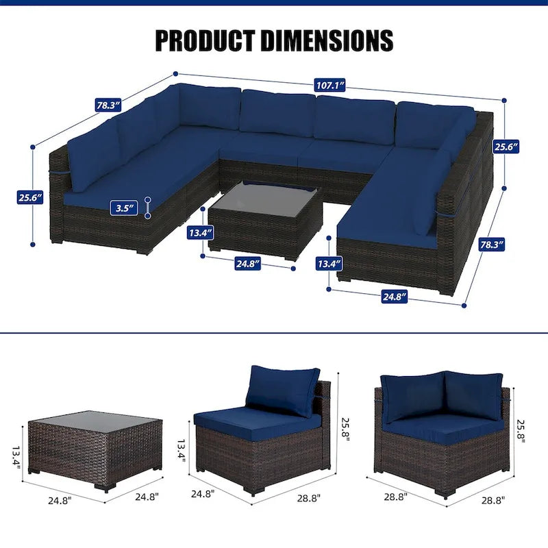 Ensemble de salon de jardin Patio Watcher 8 places en rotin avec coussins et table basse