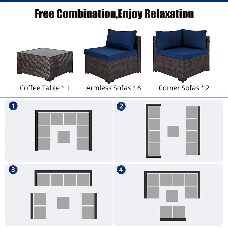 Ensemble de salon de jardin Patio Watcher 8 places en rotin avec coussins et table basse