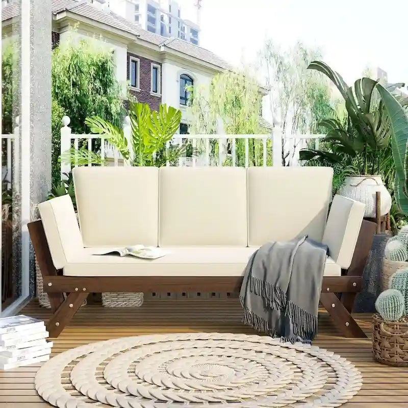 Canapé-lit de jardin en bois réglable avec coussins pour petits espaces
