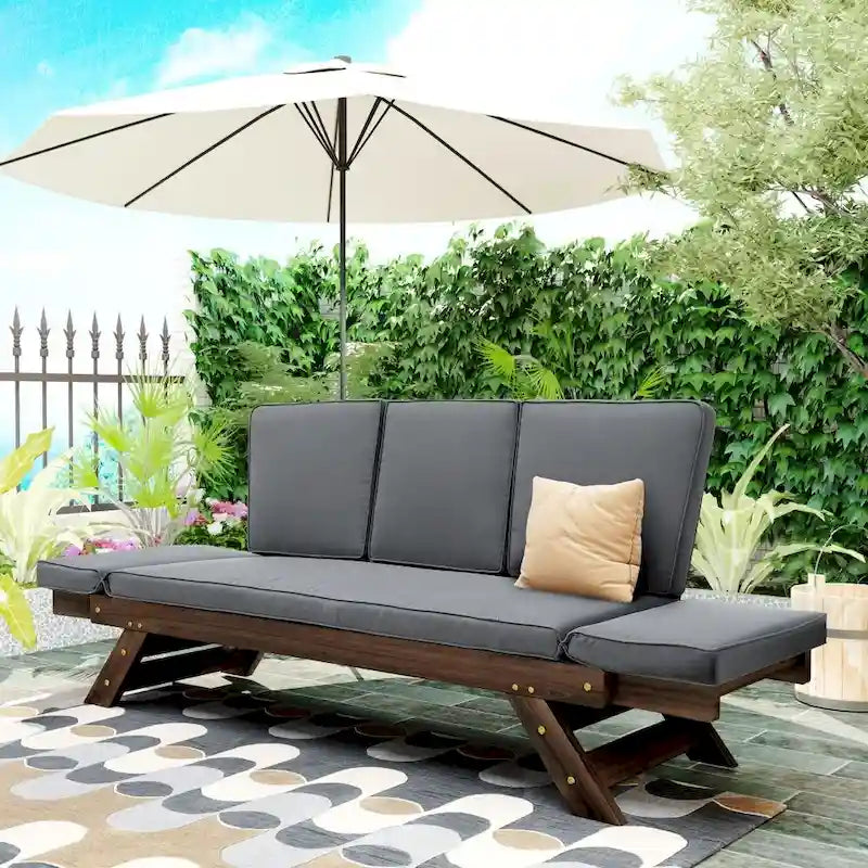 Canapé-lit de jardin en bois réglable avec coussins pour petits espaces