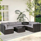 Ensemble de mobilier de jardin en rotin marron et gris 8 pièces comprenant 6 canapés, 1 table basse, un coffre de rangement et des coussins.