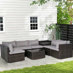 Ensemble de mobilier de jardin en rotin marron et gris 8 pièces comprenant 6 canapés, 1 table basse, un coffre de rangement et des coussins.