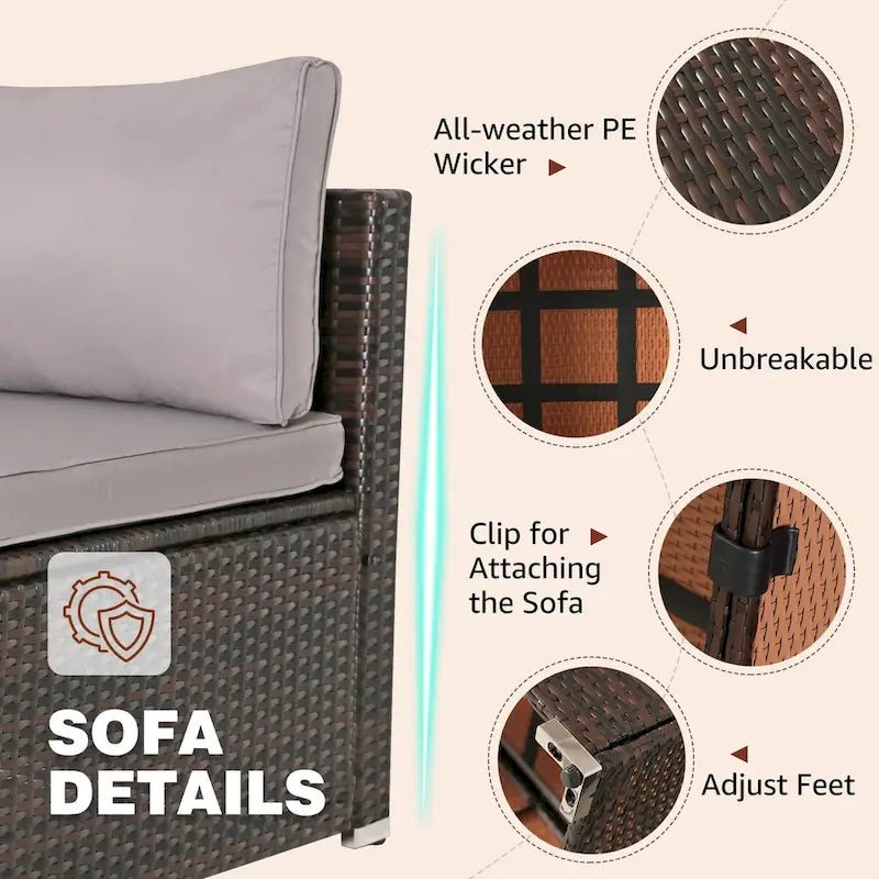 Ensemble de mobilier de jardin en rotin marron et gris 8 pièces comprenant 6 canapés, 1 table basse, un coffre de rangement et des coussins.